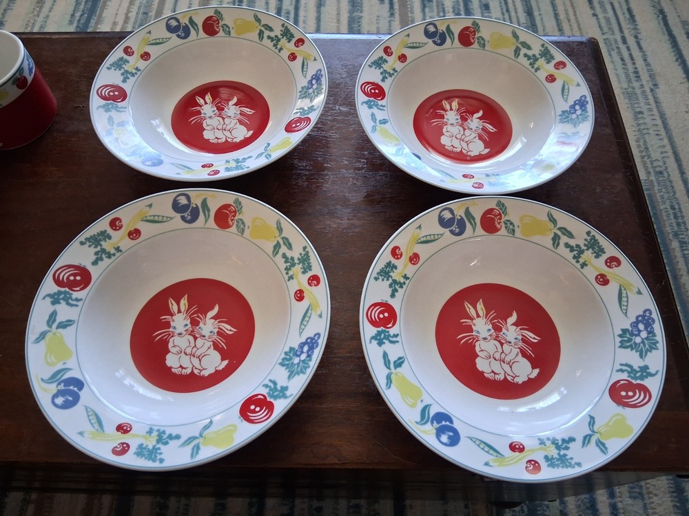 Mid Century Ceramic Dinnerware Red, Boy, Girl, Rabbits