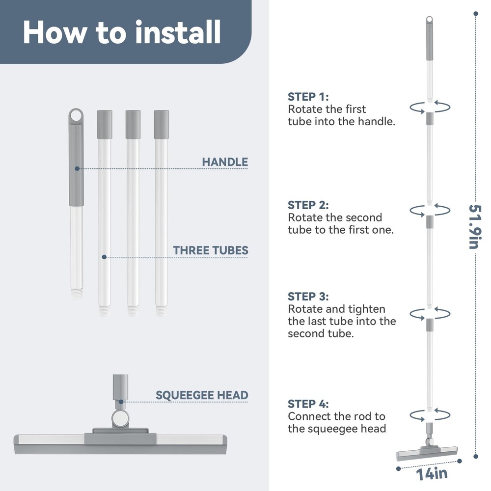 Floor Squeegee with 180° Rotating Head, Squeegee for Floor with 52'' Long White