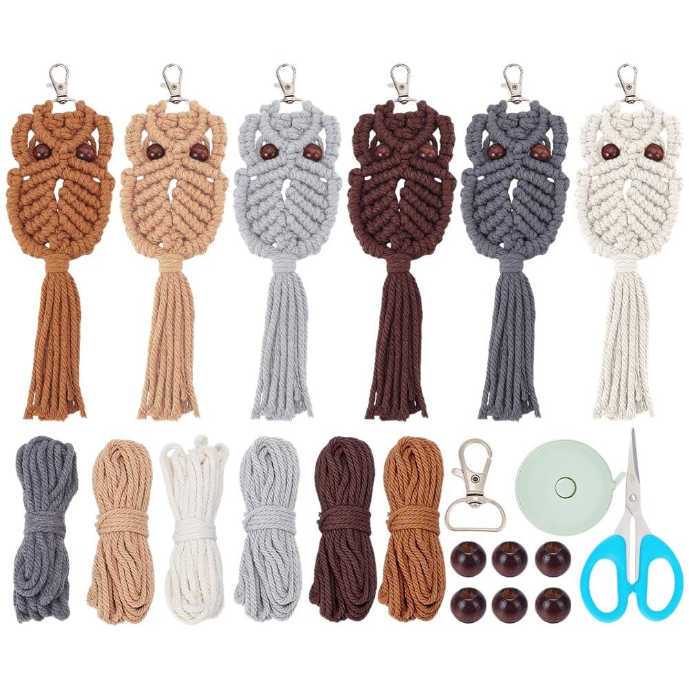 6PCS Owl Macrame Keychain Kit for Adults Beginners Owl Boho Macrame Keychain ...