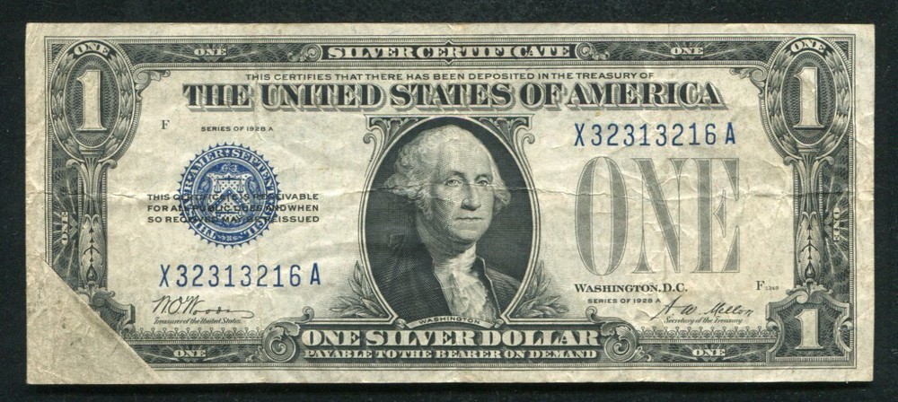 1928-A $1 “FUNNYBACK” SILVER CERTIFICATE “OBSTRUCTION ERROR” VERY FINE