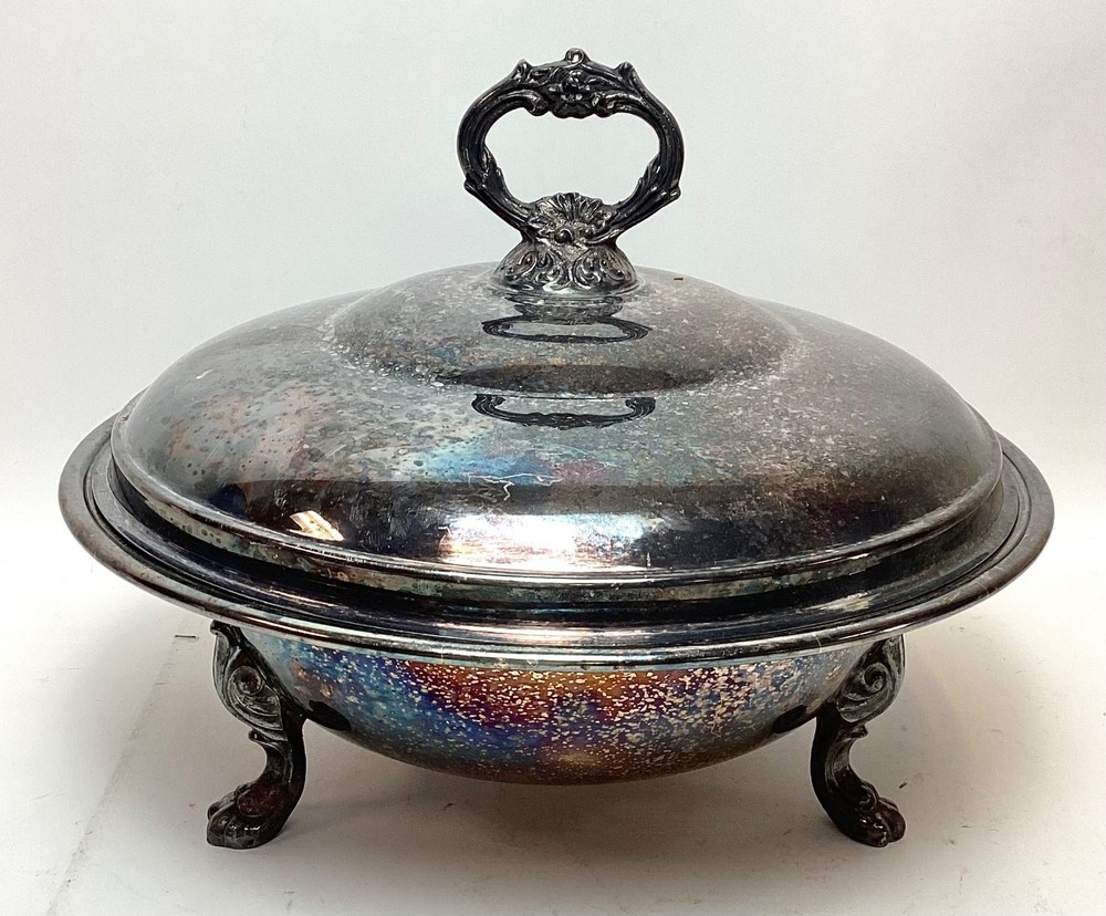 Vintage Silver-Plated Footed Serving Bowl w/ Lid 8" Tall & 10.5" Diameter