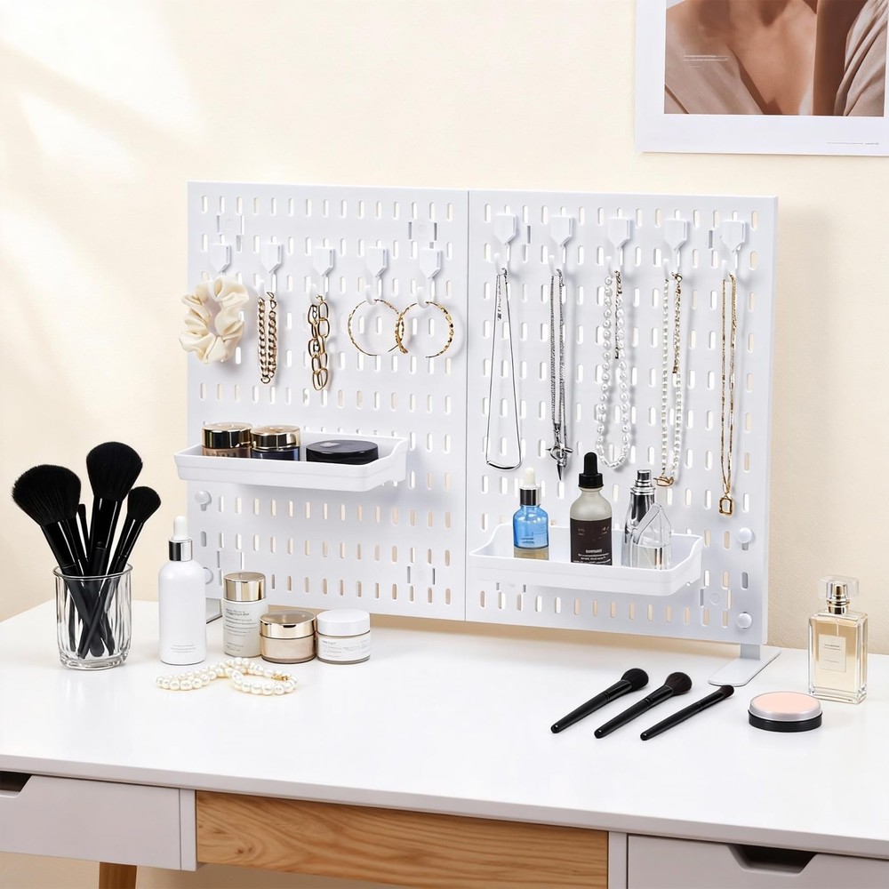 Peg Board Display Stand with 10 Hooks & 2 Trays Tabletop Plastic Pegboard Shelf
