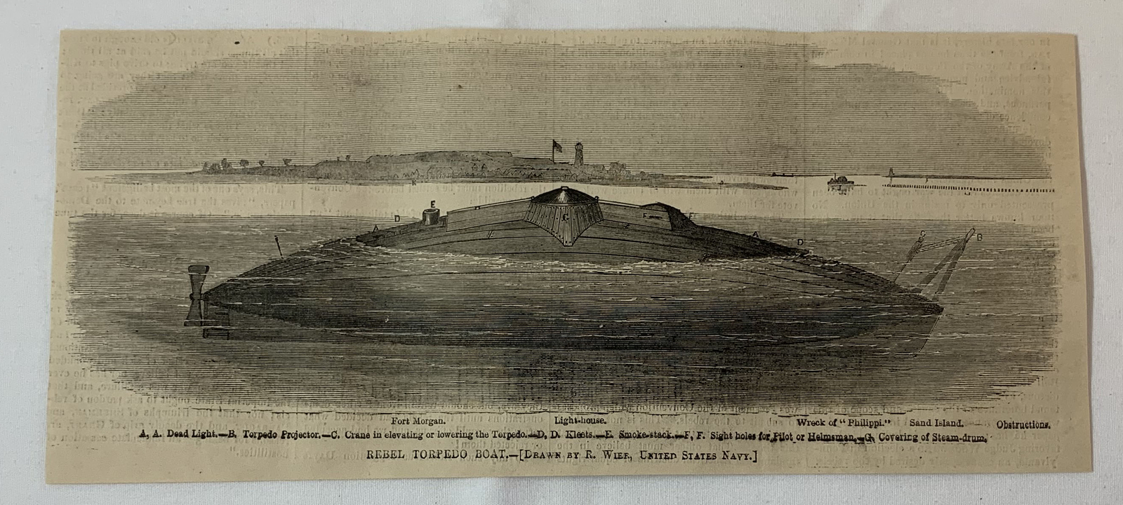 1864 magazine engraving~ CONFEDERATE REBEL TORPEDO BOAT Fort Morgan, Alabama