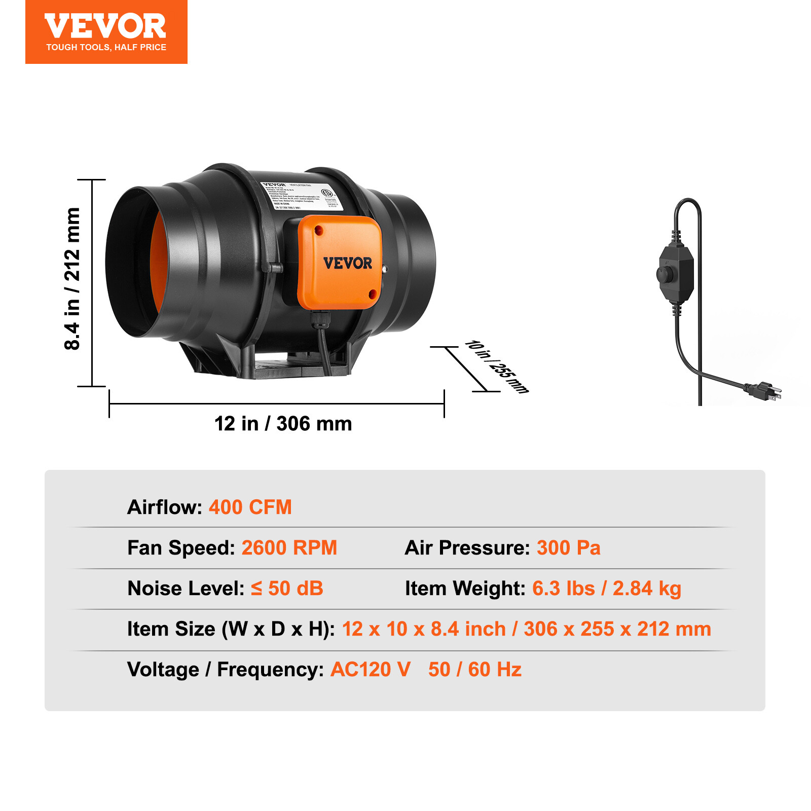 VEVOR 6 Inch Inline Duct Fan HVAC Exhaust Blower Kit AC Variable Speed Control