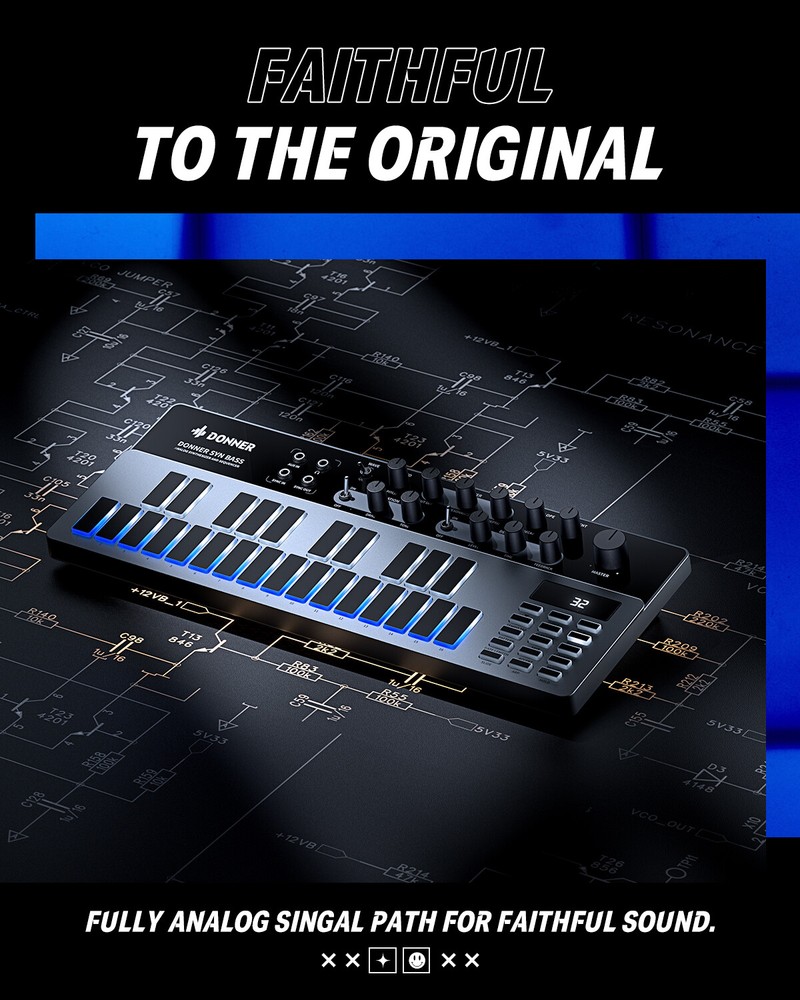 Donner B1 Analog Bass Synthesizer Sequencer 128 Patterns Memory Saturation