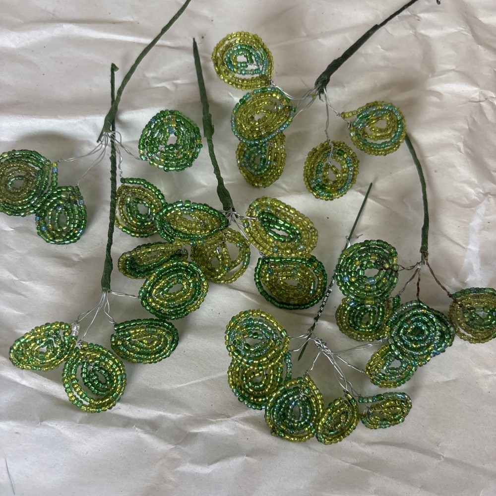6 Stems Clusters Vintage Iridescent Seed Bead Leaf Leaves Handmade