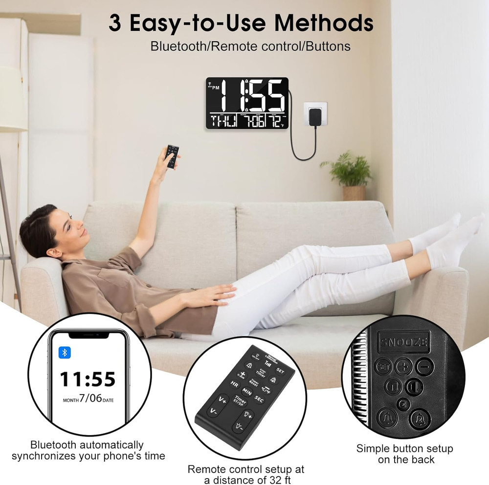 13" Bluetooth Auto Sync Wall Clock - Large Digital Alarm Clock with Remote, 25 R