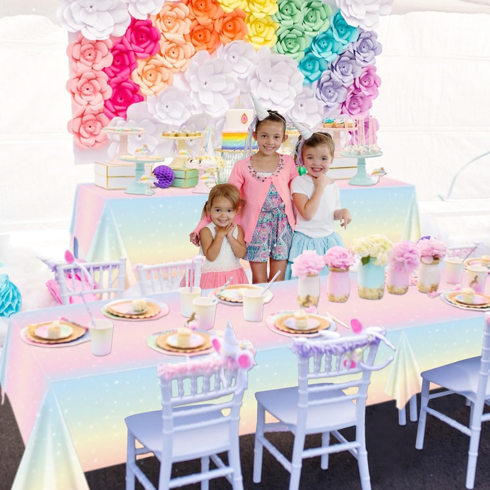 2 Pack Pastel Rainbow Tablecloths, 51X87'' Plastic Disposable Rectangle Pastel T