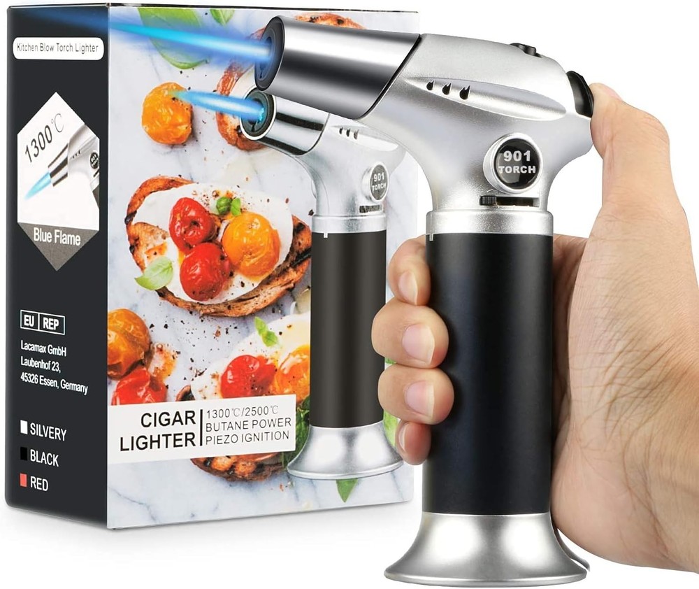 Ergonomic Black & Silver Kitchen Torch - Adjustable Flame for Chefs & Home Cooks