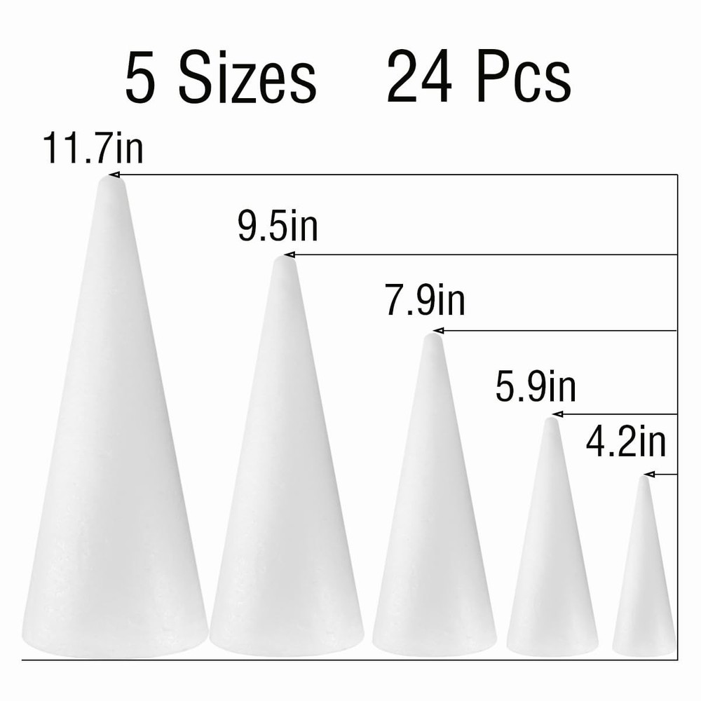 24-Pack Craft Foam Cones, Foam Tree Cones, Assorted Sizes White Polystyrene C...