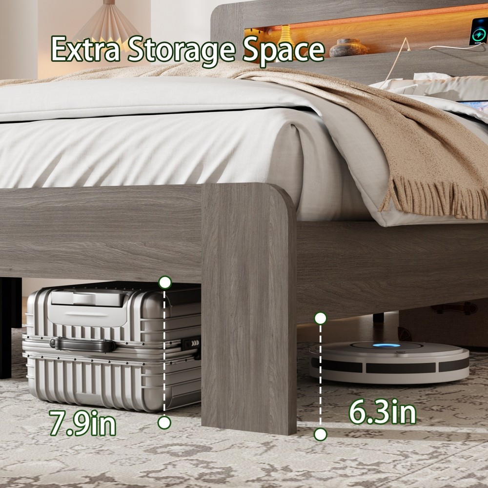 Queen/King Size Bed Frame Wood Platform Bed with Storage LED Light Headboard