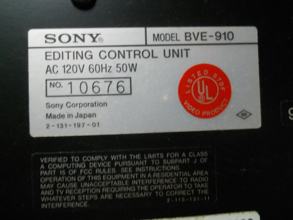 Sony BVE-910 Editing Control Unit Switcher Box Mainframe TURNS ON, UNTESTED