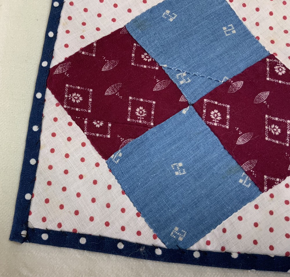 Vintage Patchwork Quilt Small Table Topper, Four Patch, Blue, Burgundy, White