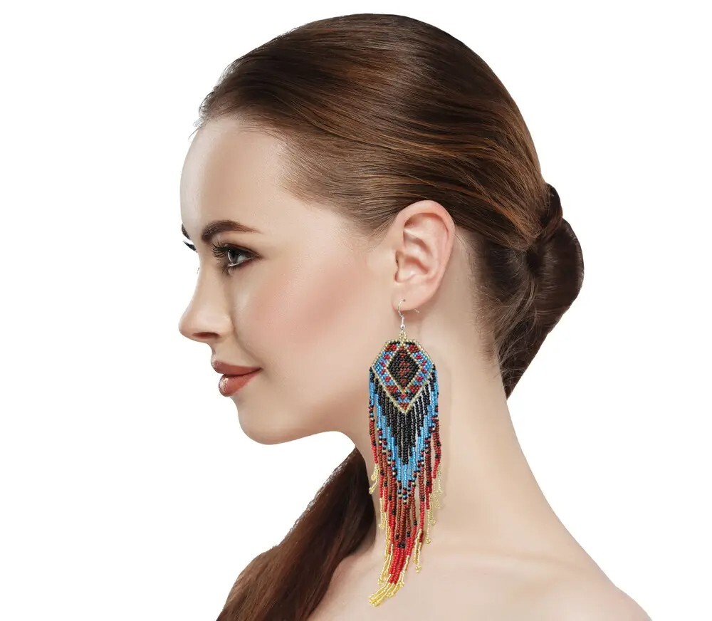 HANDMADE BEADED ARTISAN BOHEMIAN MULTI-COLOR EXTRA LONG HOOK EARRINGS
