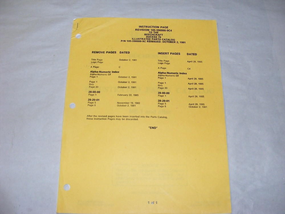 Beechcraft Duchess 76 Parts Catalog Revision Set 1995