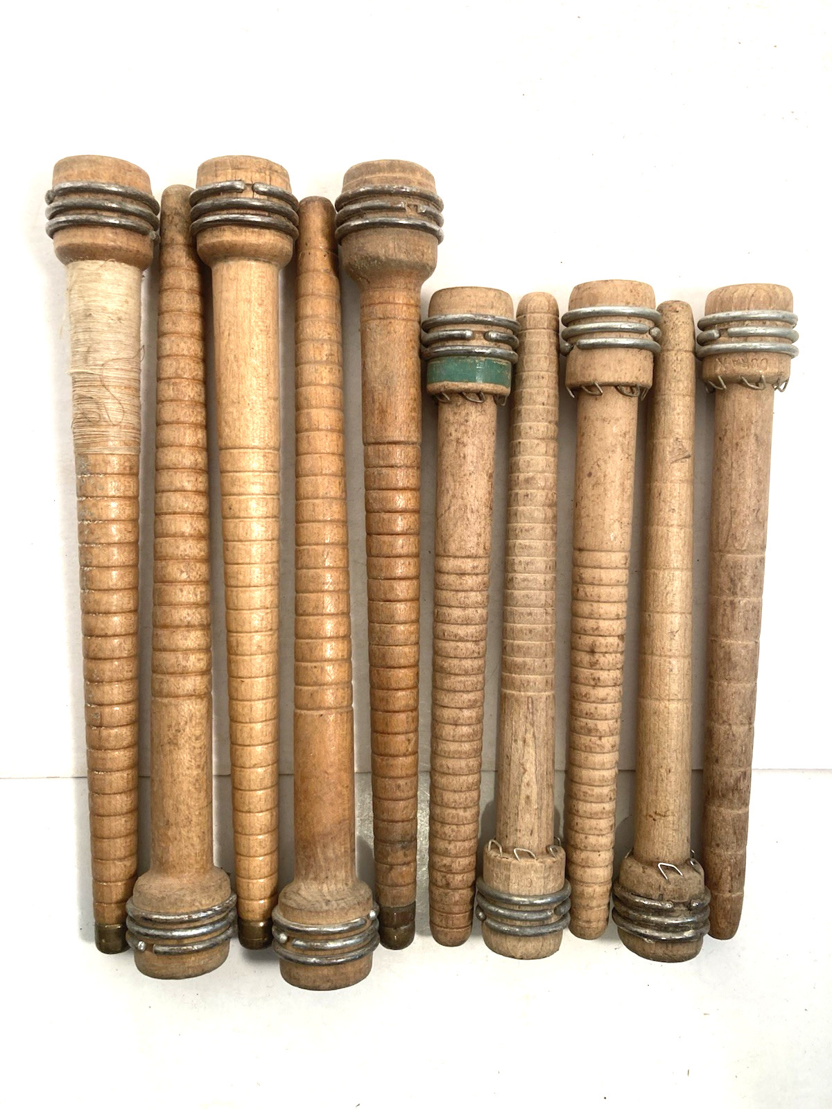 Wood Bobbins Quills Vintage Factory Reclaimed, 8 3/4 and 7 3/8", lot of 10