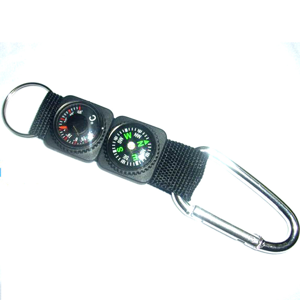 Multifunction Mini Compass Camping Survival Thermometer Keychain Carabiner Hooks