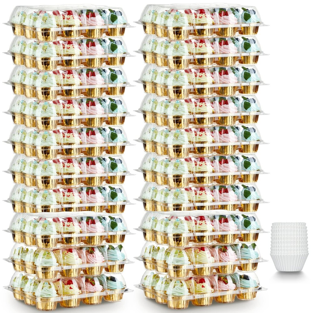 (12 Pack x 20 Sets) Stackable Cupcake Carrier with 240 Pack Liners, Plastic C...