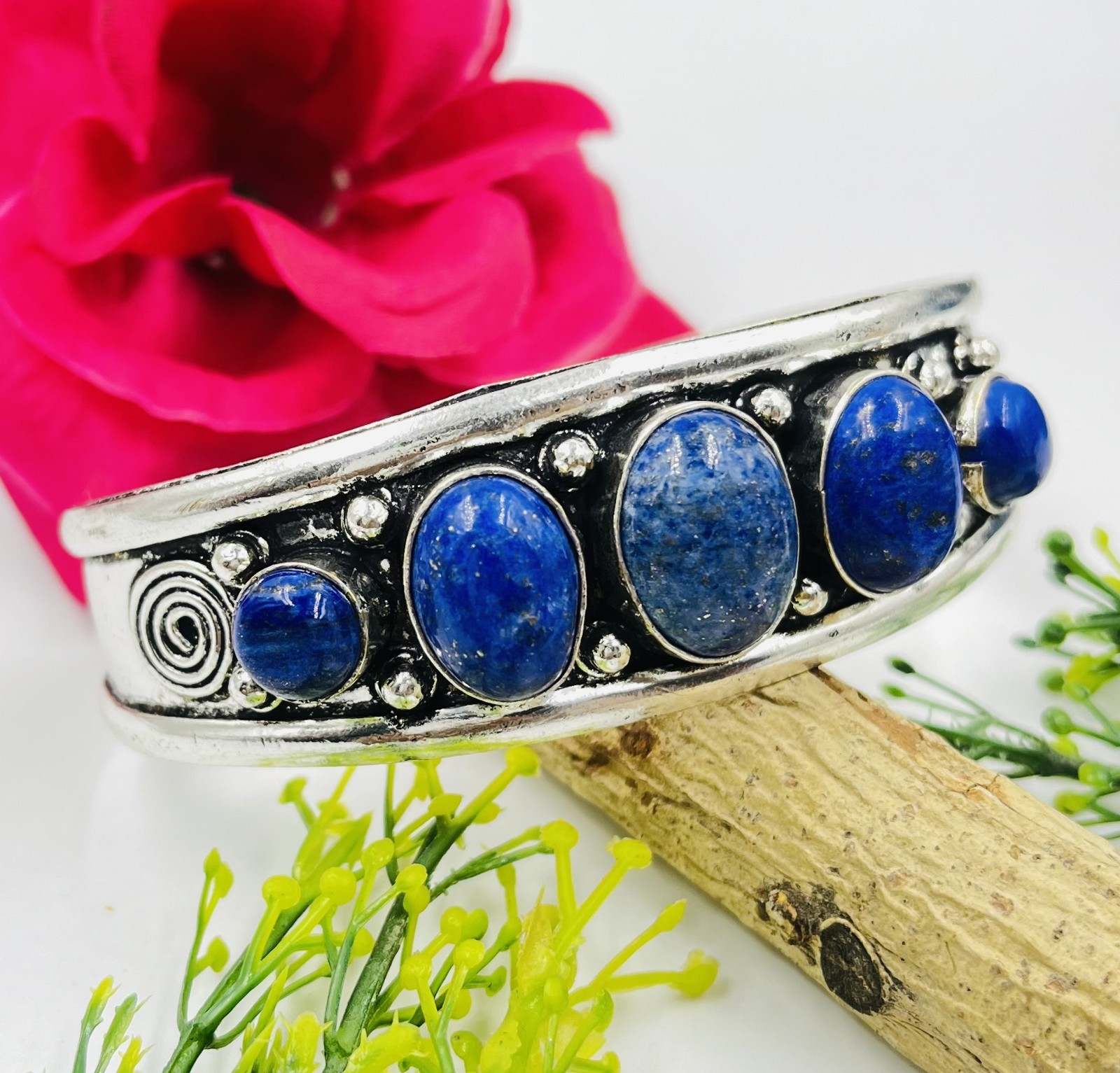 925 Sterling Silver Natural Lapis Lazuli Gemstone Jewelry Handmade Cuff Bracelet