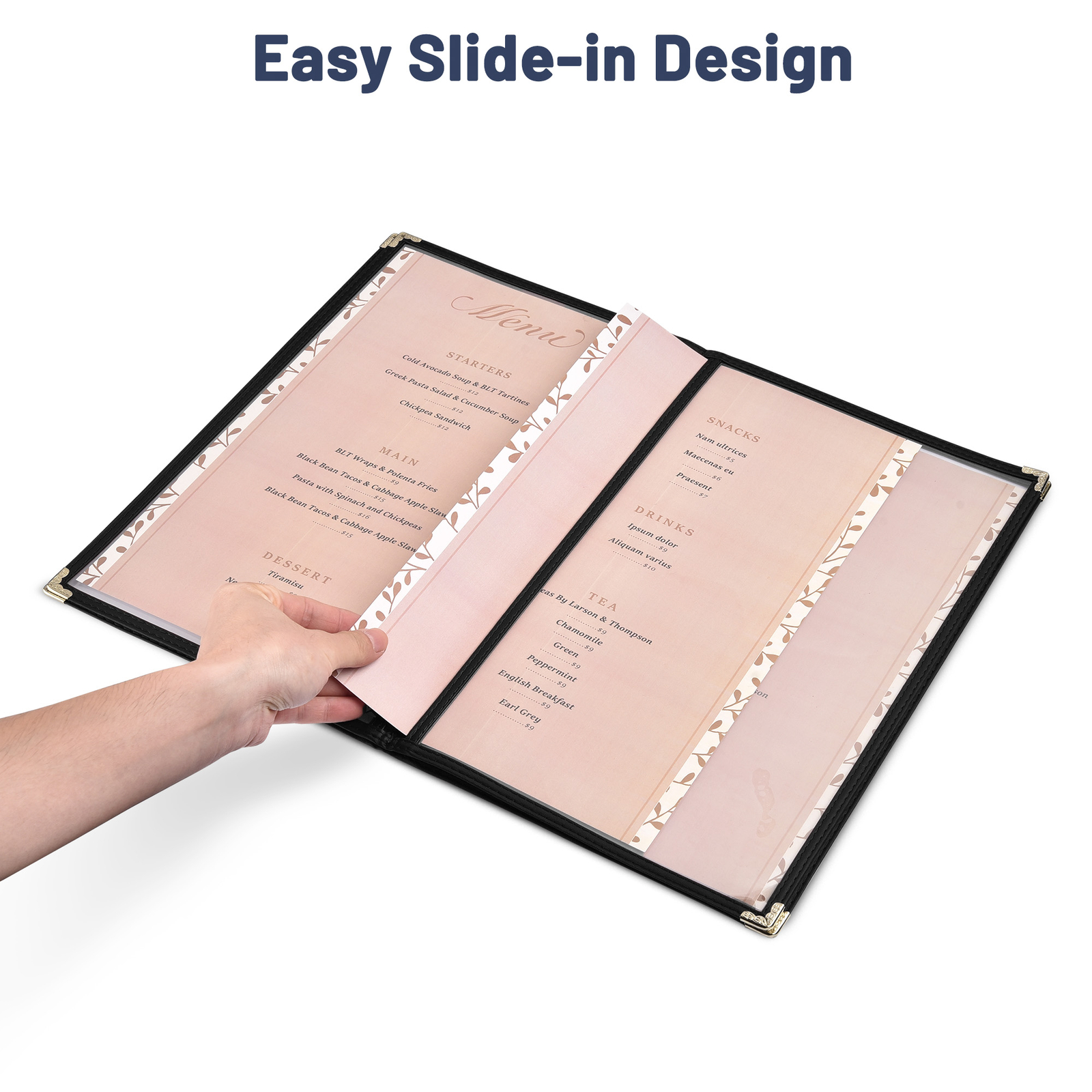 WeChef 20 Pack 8.5"x14" 4 Page 8 View Menu Covers Black Trim Restaurant Cafe