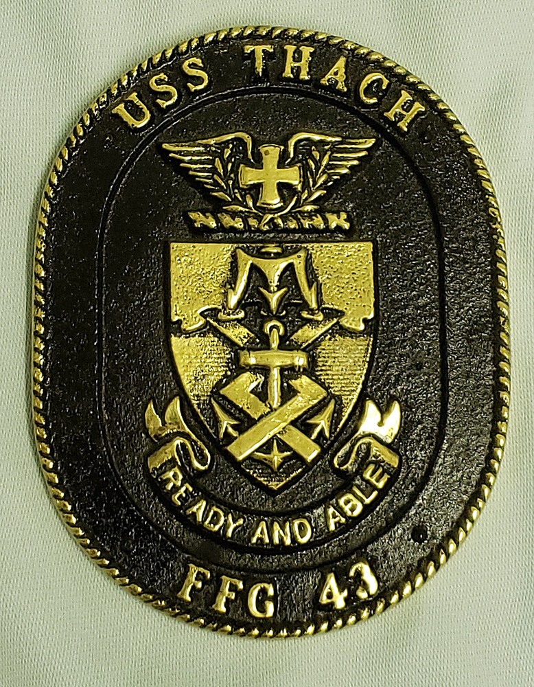 SOLID BRASS US NAVY USS THACH FFG-43 SHIPS CREST INSIGNIA PLAQUE