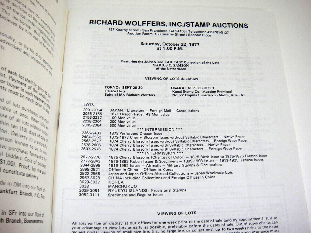 Wolffers Stamp Auction Catalog 1977 w Prices Realized Japan and Far East Samson
