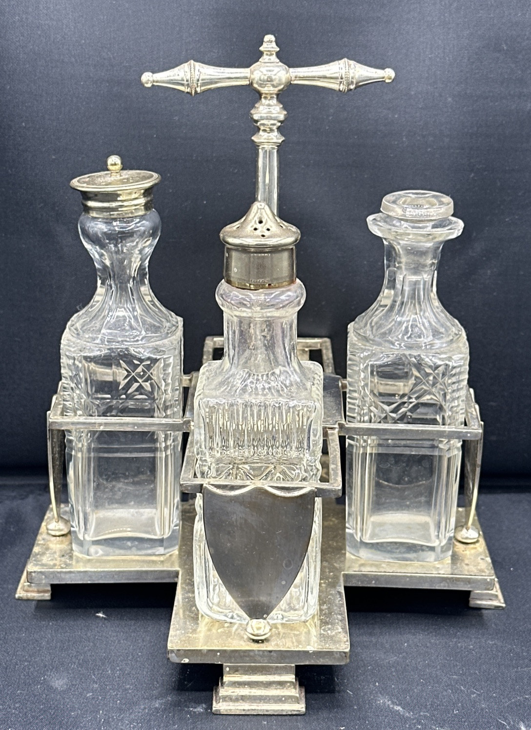 Footed 19th century silverplated cruet (maybe) Charles Ellis & Co w/ 3 Bottles