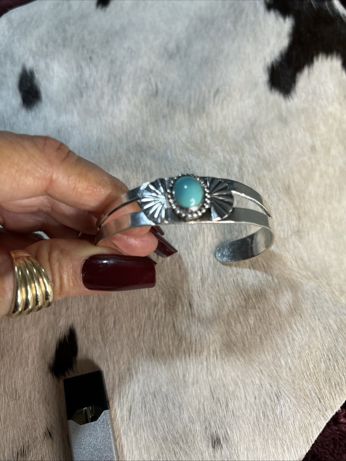 Turquoise & Sterling Silver Cuff Bracelet with Designs. Unmarked But Tested. 7"