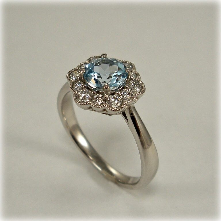 1.30 Ct Round Natural Aquamarine Diamond Engagement Ring 14K White Gold Size 5
