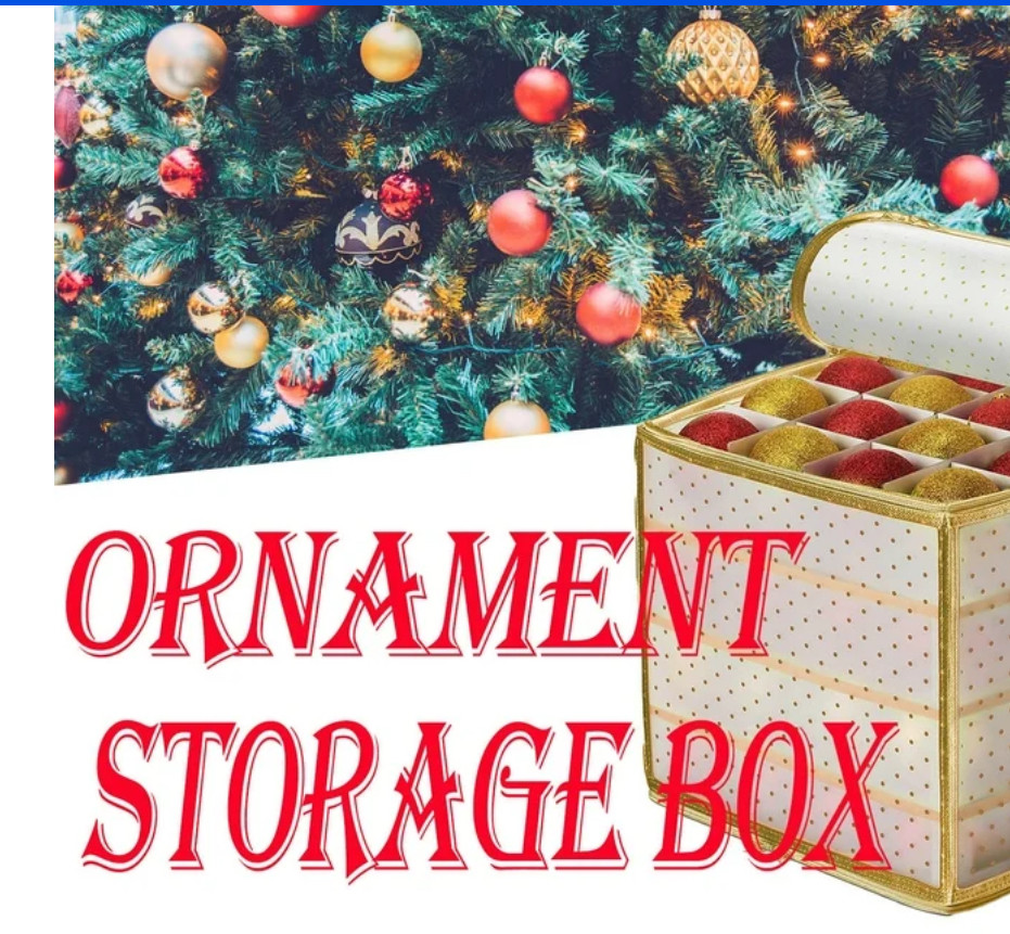 Christmas Ornament Storage Box 2-Sided Dual-Zipper 64 Ornaments (13.5x13") Gold