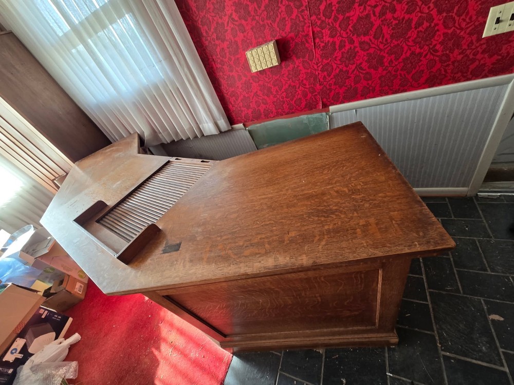 Vintage Angled Library Circulation Check-Out Desk / Counter