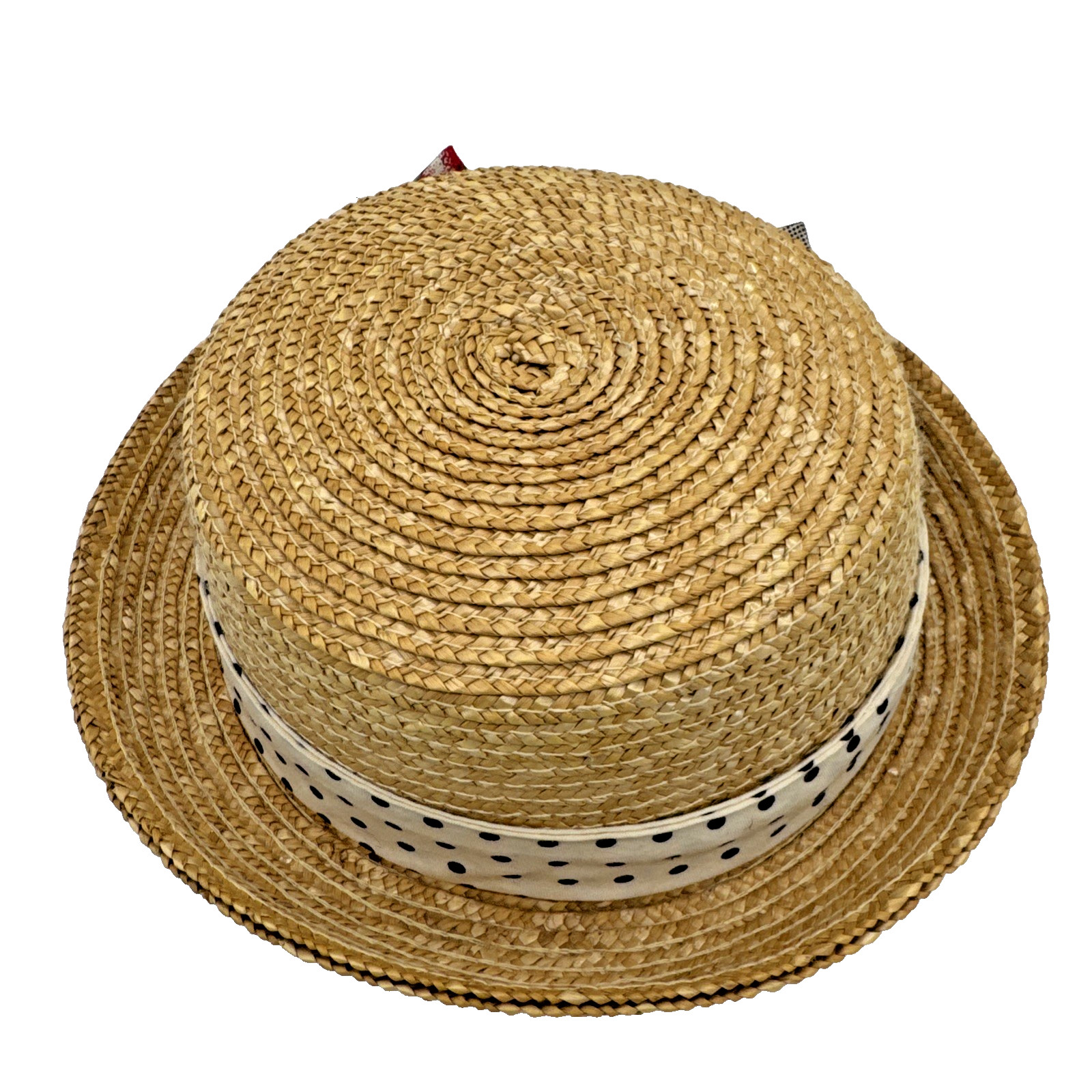 Vintage Straw Boater Hat Cherry Ribbon Polka Dot Band Flat Top Summer