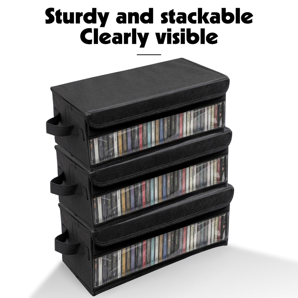 2 Pack CD Storage Box Case Holder w/ Handles and Lid, Stackable CD Organizer Box