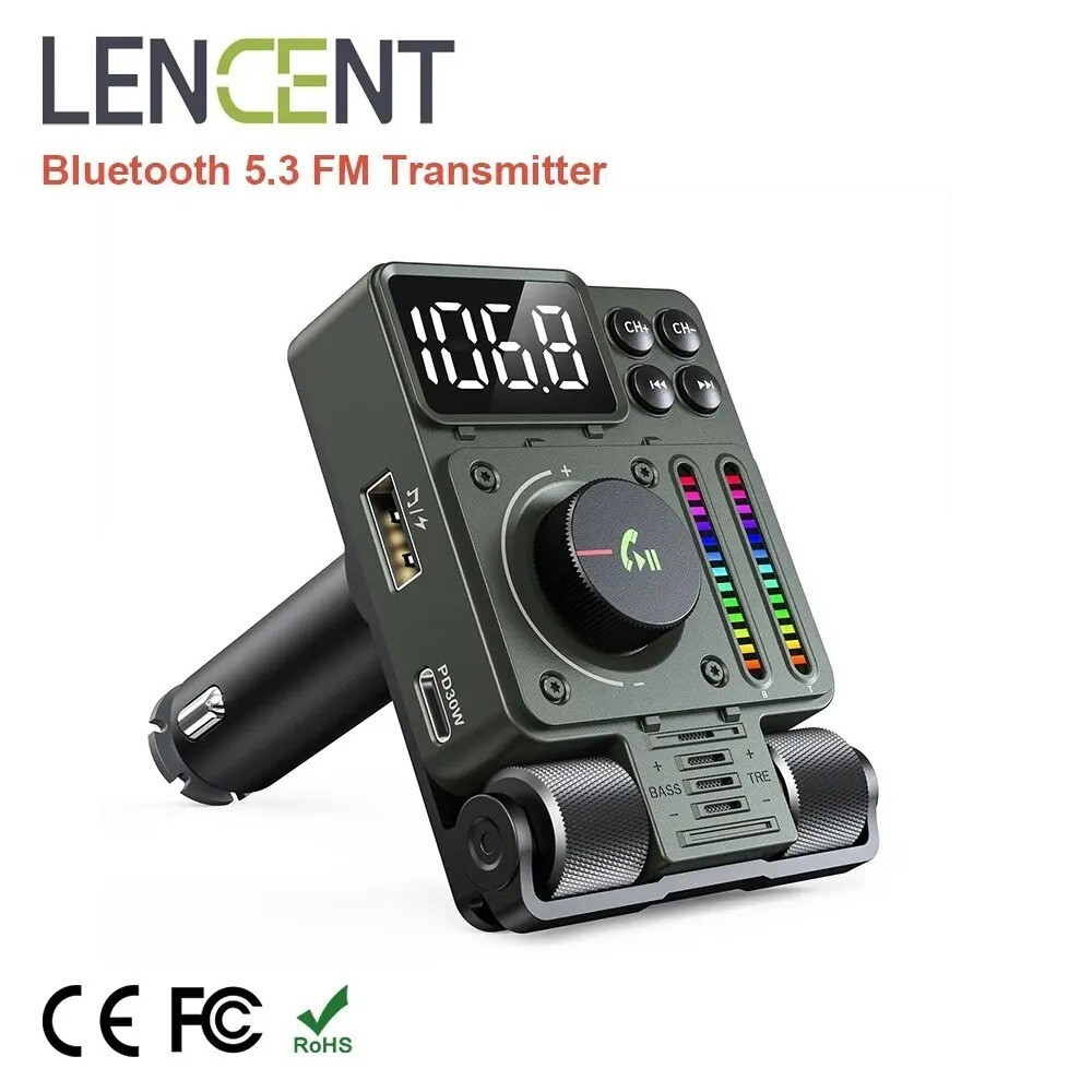LENCENT Bluetooth 5.3 FM Transmitter for Car Adjustable Treble and Bass Sound
