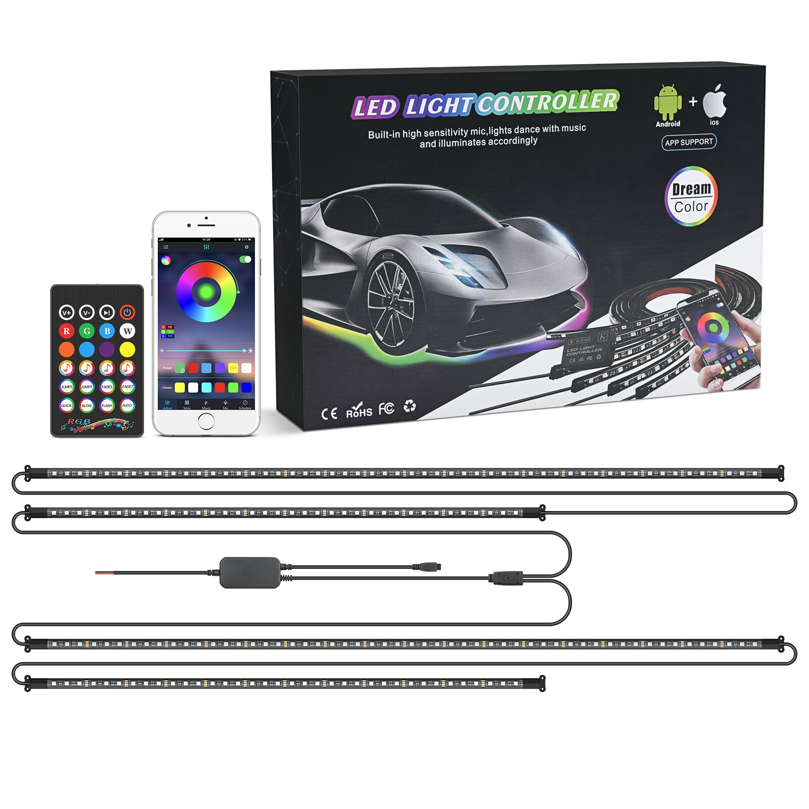 MICTUNING RGB LED Strip Under Car Tube Underglow Underbody System Neon Light Kit