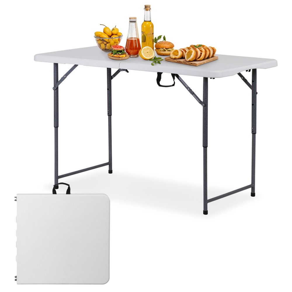Folding Table Adjustable 4FT Plastic Table Picnic Camping w/Carry Handle White