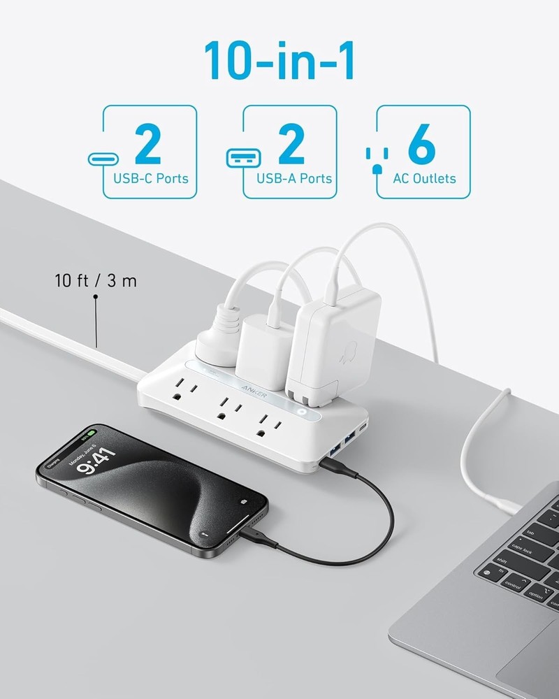 Power Strip with 300J Surge Protector, Flat Plug Extension 10FT, White