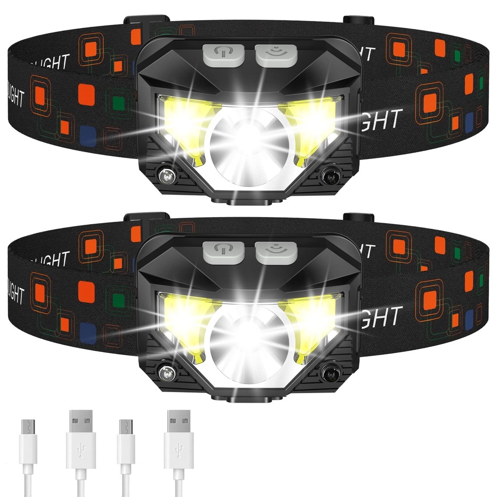 Ultra-Bright LED Rechargeable Headlamp 2-Pack - Waterproof, Motion Sensor, 8 Mod