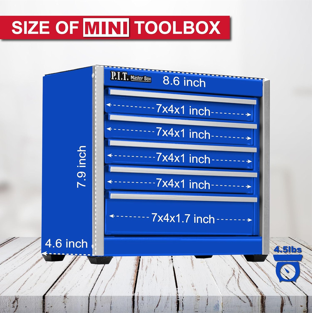 Mini Blue Tool Box, Portable 5-Drawer Micro Roll Cab Steel Stackable Tool Box wi