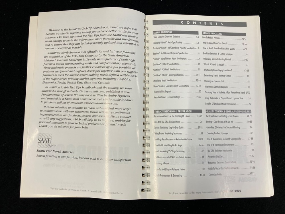SCREEN PRINTERS HANDBOOK AND TECH TIPS, SAATI PRINT, 2001