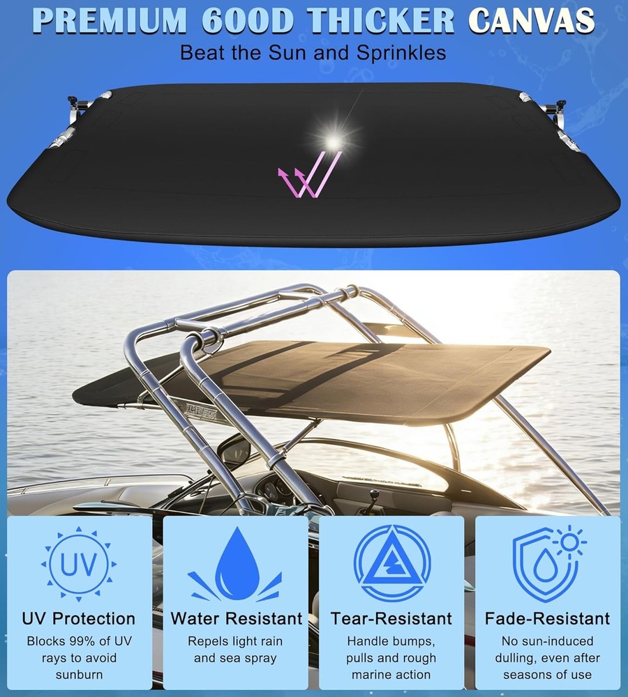 Universal Wakeboard Tower Mounted Flat Cargo Bimini Top Cover 600D Canvas Frame