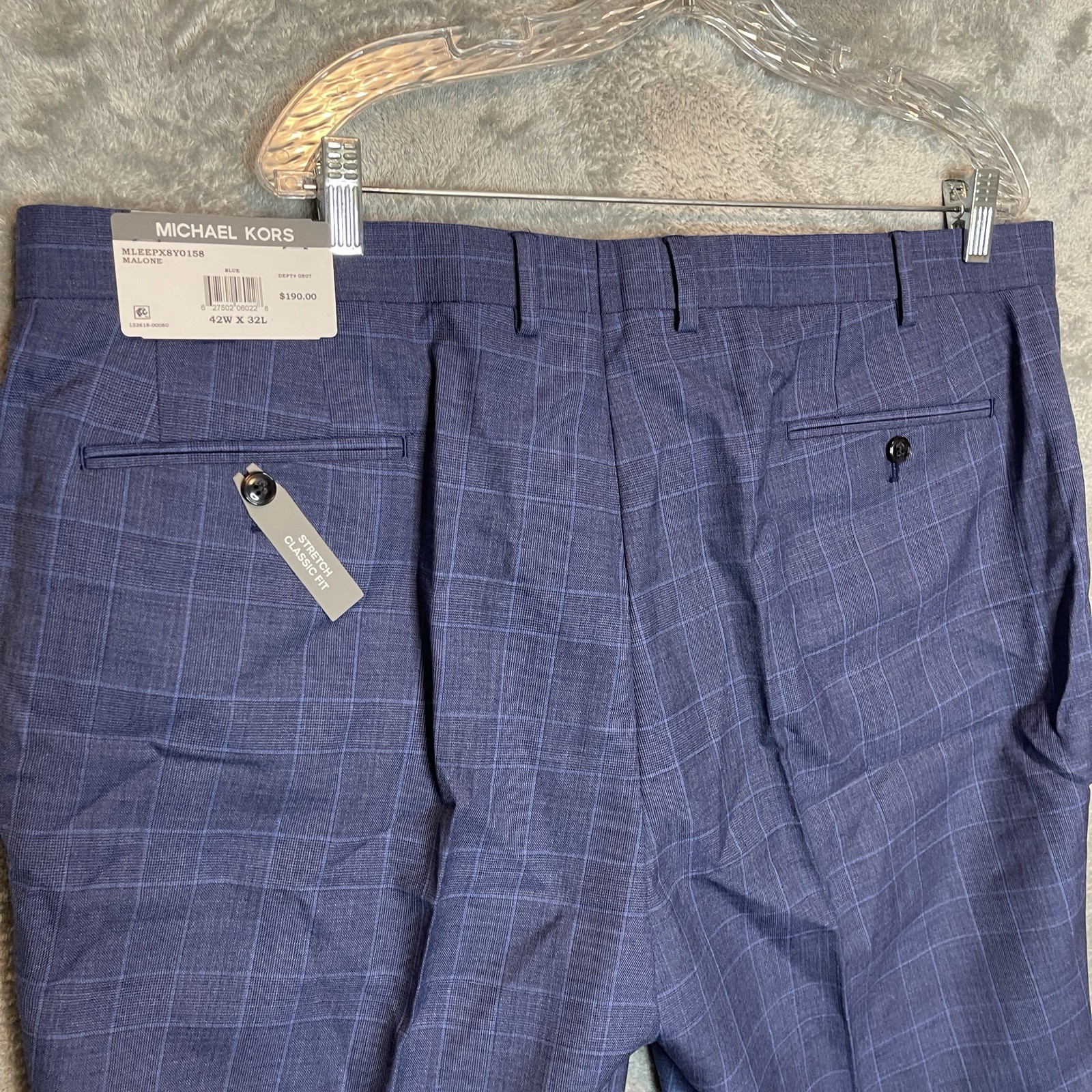 Michael Kors Mens Malone Classic Fit Plaid Wool Stretch Suit Pants Blue Comfort