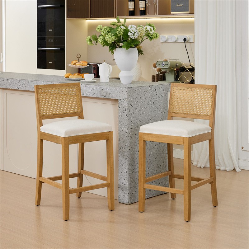 Set of 2 Solid Wood Rattan Bar Stools Comfort Linen Cushion High-Resilience Foam