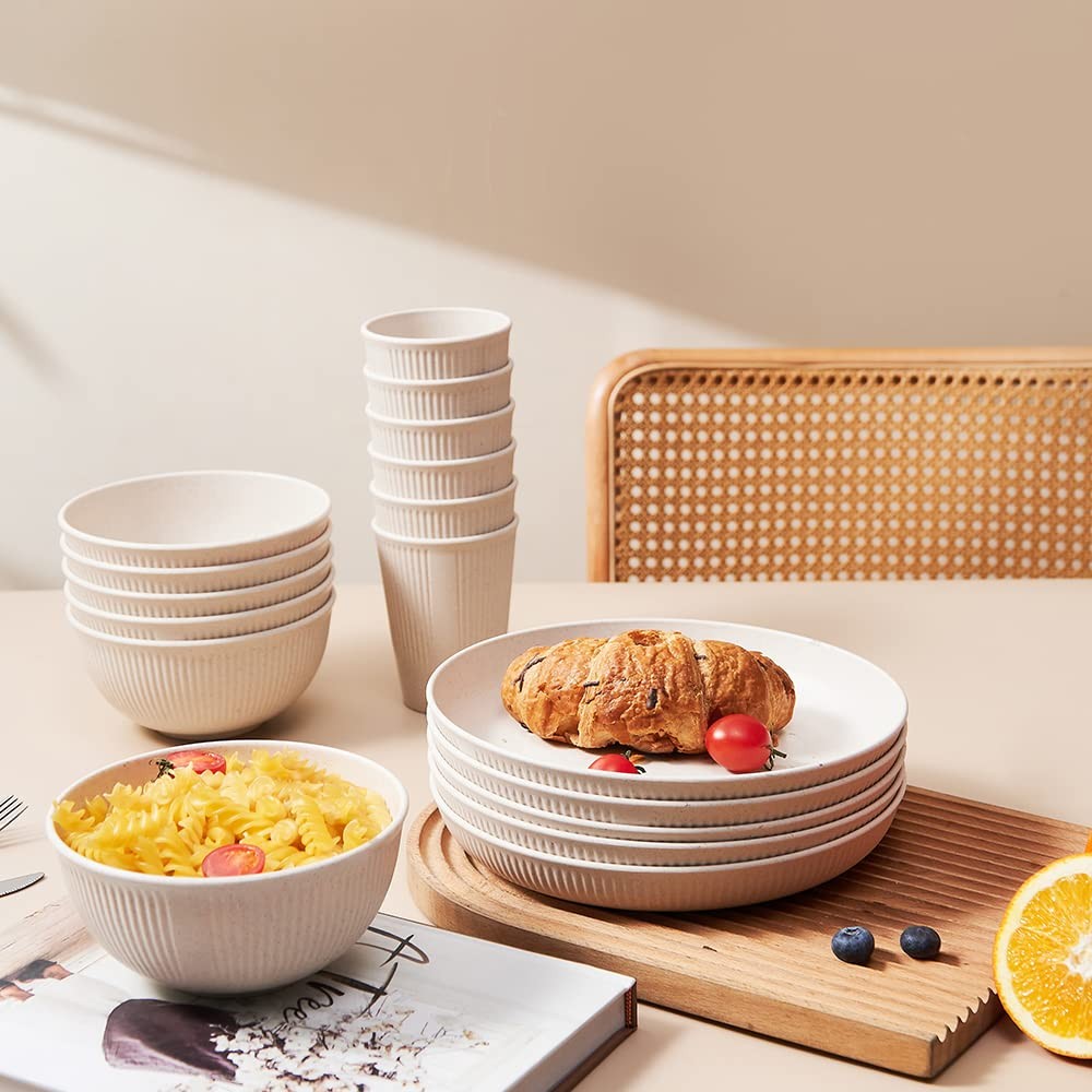 18pcs Wheat Straw Dinnerware Sets Unbreakable Reusable Dinnerware Set Kitchen...