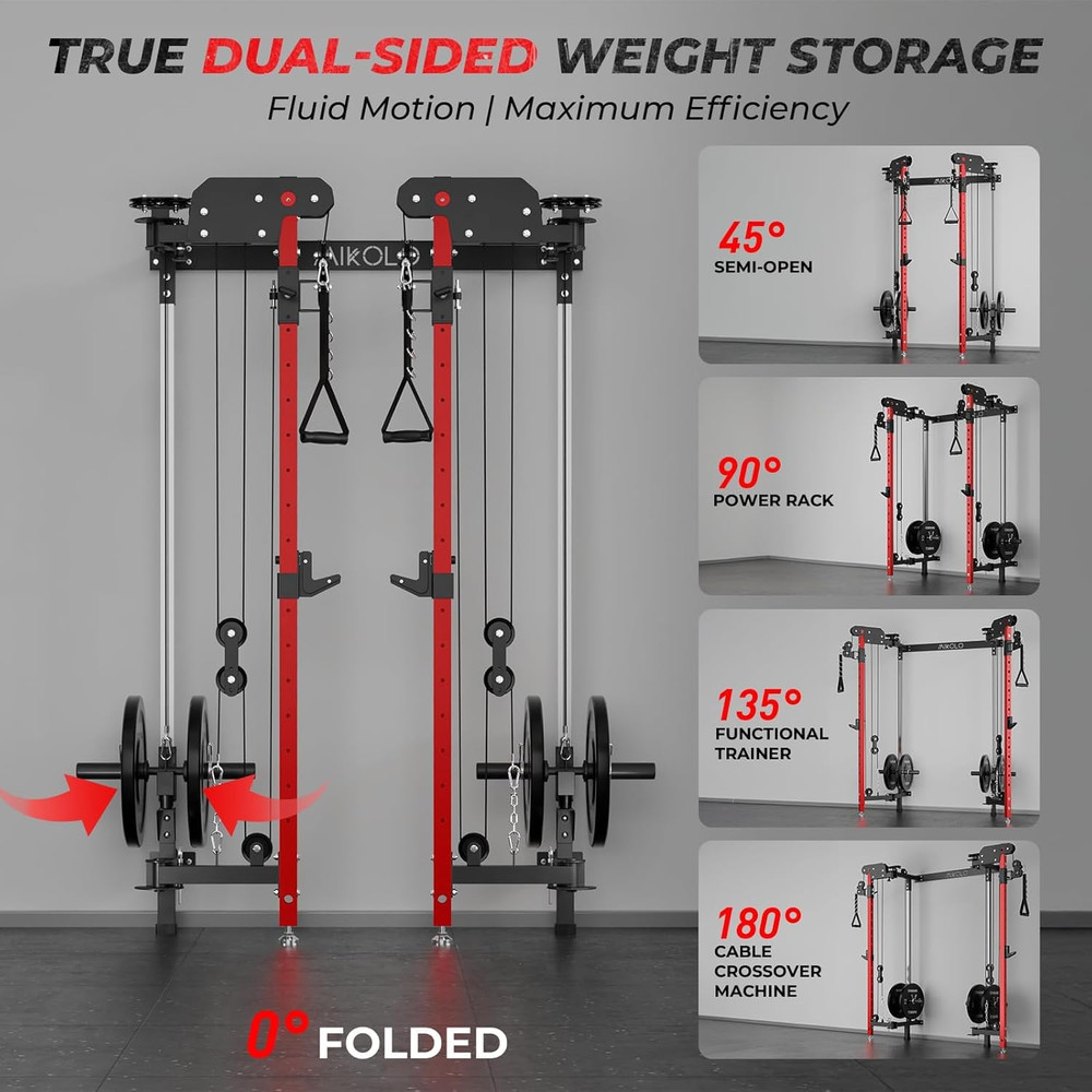 Mikolo Folding Squat Rack, Wall Mounted Power Rack with Cable Crossover Machine