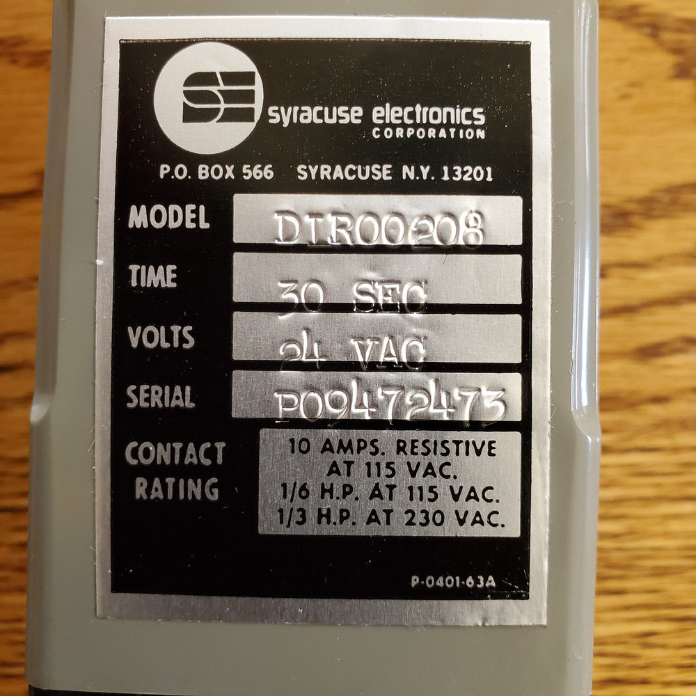 Syracuse Electronics Corp. DTR00208 Time delay relay 30 second-new out o` box