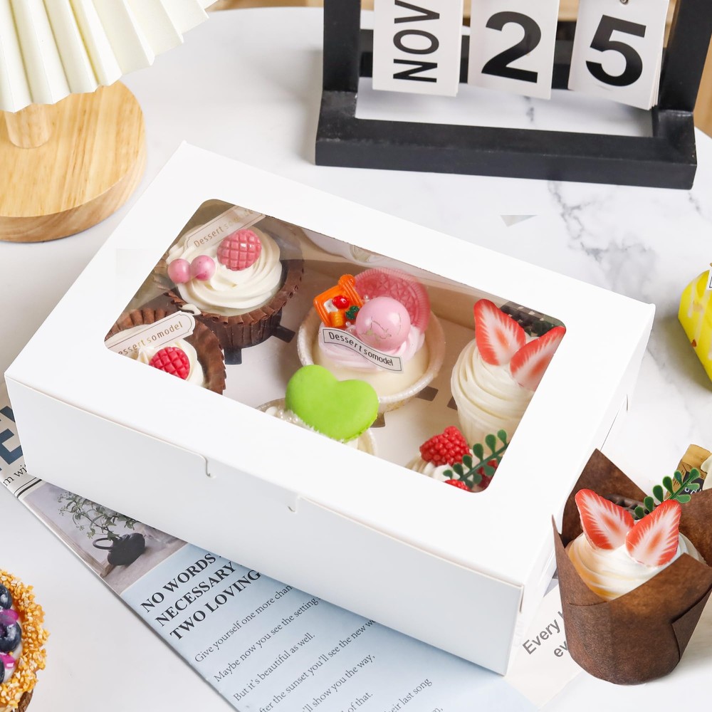 Cupcake Boxes with Inserts 6 Holders White Standard Bakery Boxes with Window ...