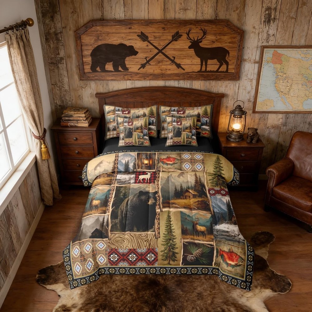Hunting Bear Deer Comforter Set with Sheets Full, Tribal Brown Patchwork 7 Pi...