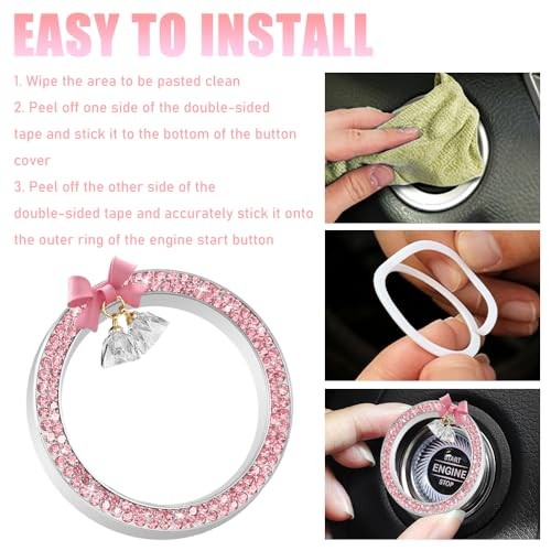 Car Push Start Button Cover Ring, Engine Start Button Cover, Cute Bow Pink
