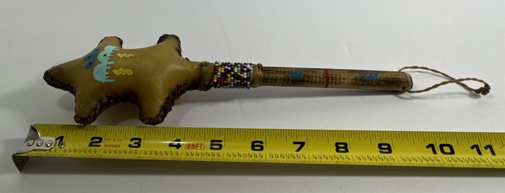 Rawhide Percussion Rattle with Beaded Handle - Turtle